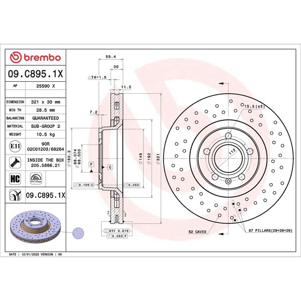 Bromsskiva Hålad/ventilerad, Framaxel Brembo 09.C895.1X BREMBO