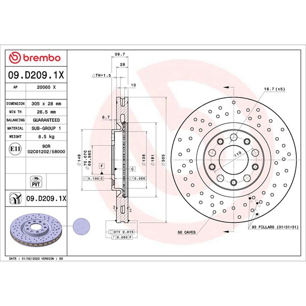 Bromsskiva Hålad/ventilerad, Framaxel Brembo 09.D209.1X BREMBO