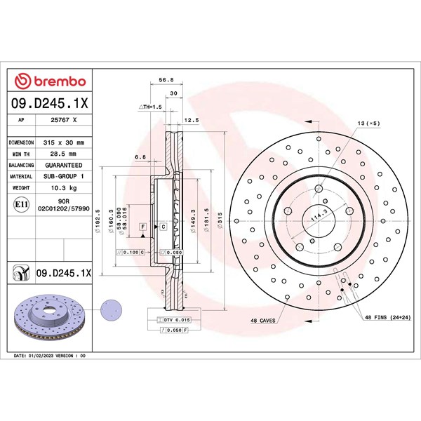 Bromsskiva Hålad/ventilerad, Framaxel Brembo 09.D245.1X BREMBO
