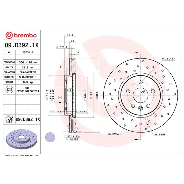 Bromsskiva Hålad/ventilerad, Framaxel Brembo 09.D392.1X BREMBO