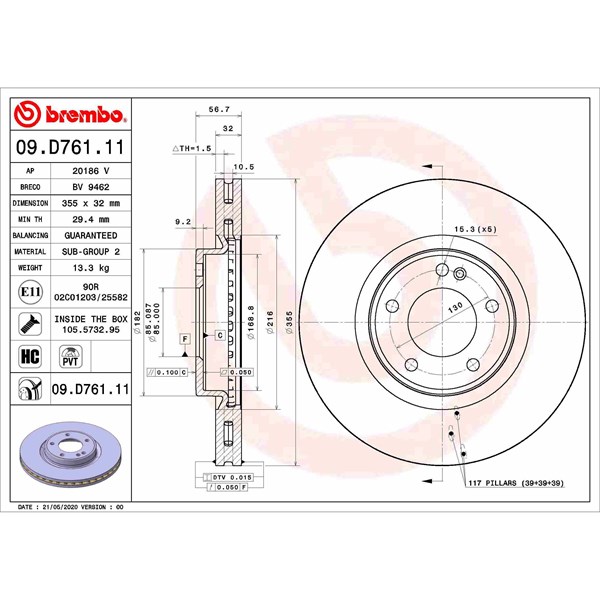 Bromsskiva Ventilerad, Framaxel Brembo 09.D761.11 BREMBO