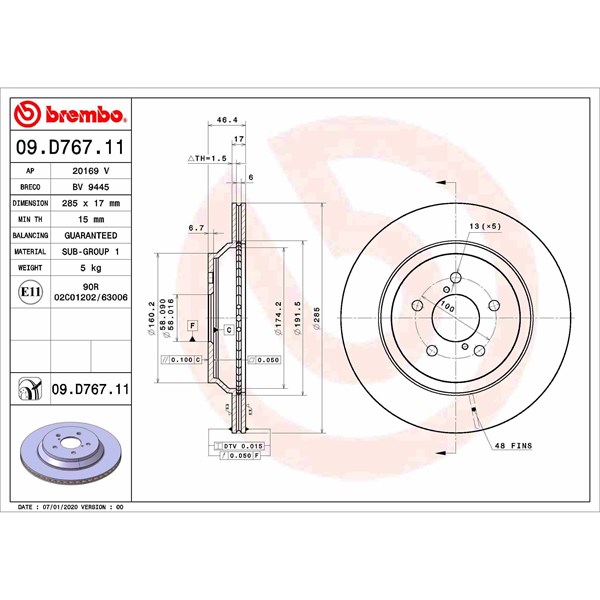 Bromsskiva Ventilerad, Bakaxel Brembo 09.D767.11 BREMBO