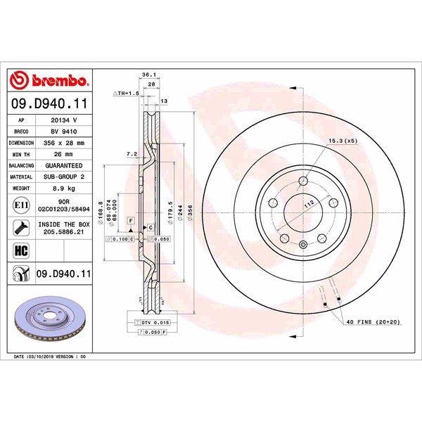 Bromsskiva Ventilerad, Bakaxel Brembo 09.D940.11 BREMBO