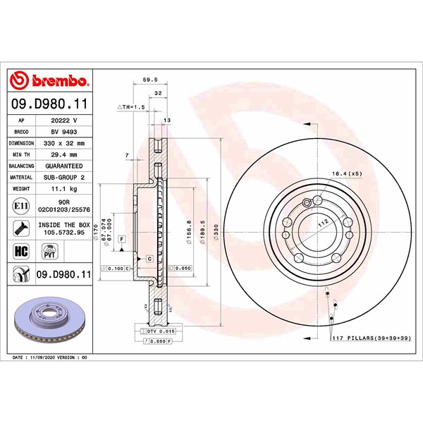Bromsskiva Ventilerad, Framaxel Brembo 09.D980.11 BREMBO