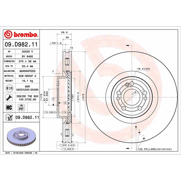 Bromsskiva Ventilerad, Framaxel Brembo 09.D982.11 BREMBO Bromsskiva Ventilerad, Framaxel Brembo 09.D982.11 BREMBO