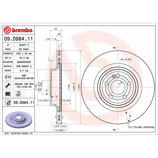Bromsskiva Ventilerad, Bakaxel Brembo 09.D984.11 BREMBO