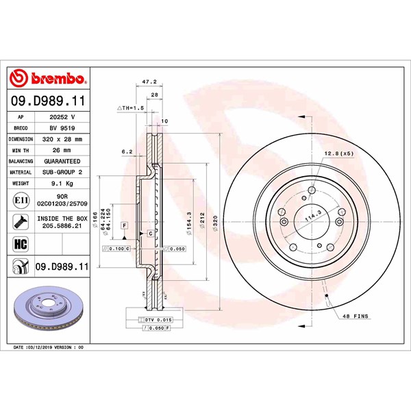 Bromsskiva Ventilerad, Framaxel Brembo 09.D989.11 BREMBO