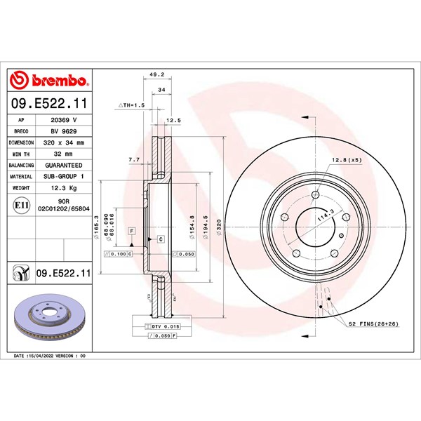 Bromsskiva Ventilerad, Framaxel Brembo 09.E522.11 BREMBO