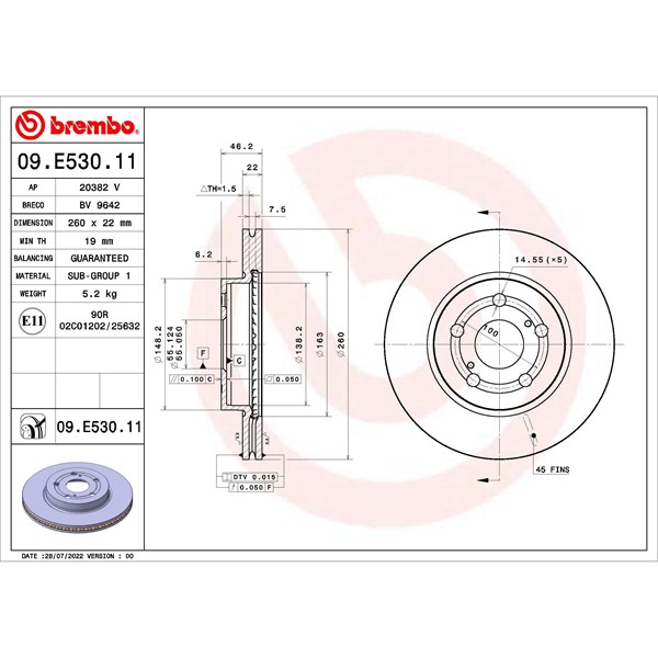 Bromsskiva Ventilerad, Framaxel Brembo 09.E530.11 BREMBO