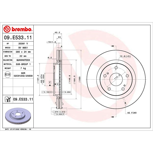 Bromsskiva Ventilerad, Framaxel Brembo 09.E533.11 BREMBO