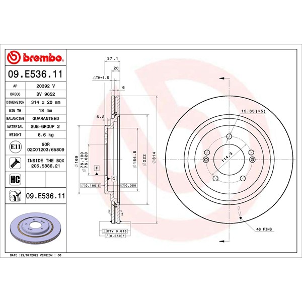Bromsskiva Ventilerad, Bakaxel Brembo 09.E536.11 BREMBO