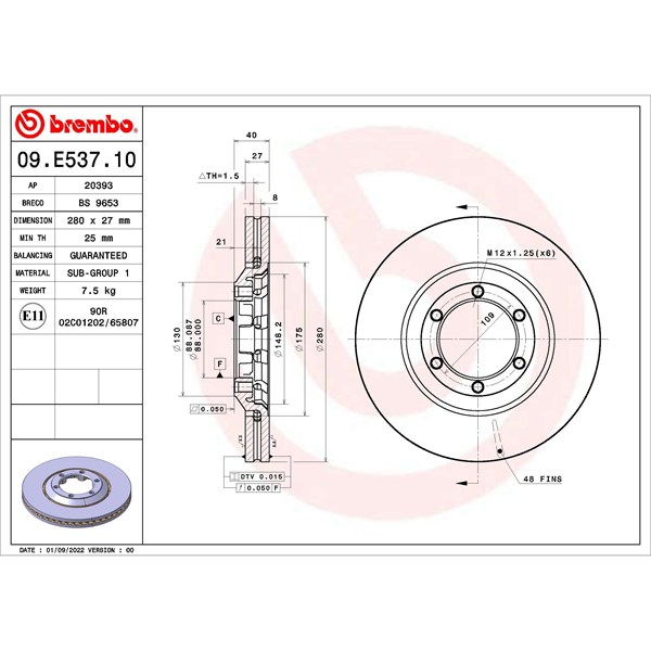 Bromsskiva Ventilerad, Framaxel Brembo 09.E537.10 BREMBO