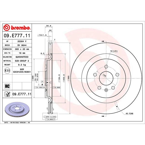Bromsskiva Ventilerad, Bakaxel Brembo 09.E777.11 BREMBO