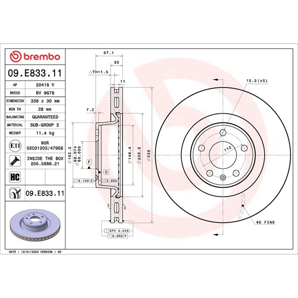Bromsskiva Ventilerad, Framaxel Brembo 09.E833.11 BREMBO