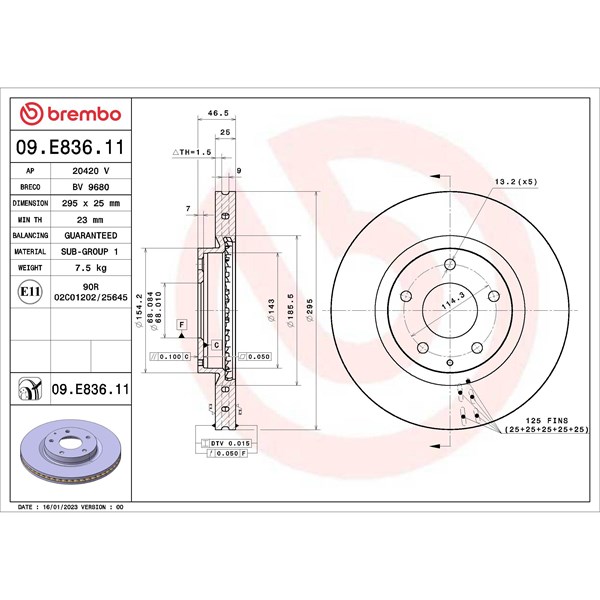 Bromsskiva Ventilerad, Framaxel Brembo 09.E836.11 BREMBO