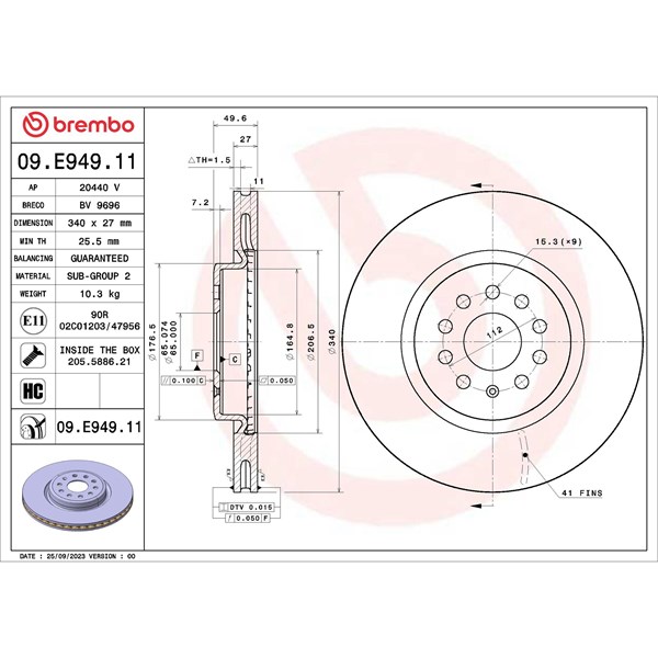 Bromsskiva Ventilerad, Framaxel Brembo 09.E949.11 BREMBO