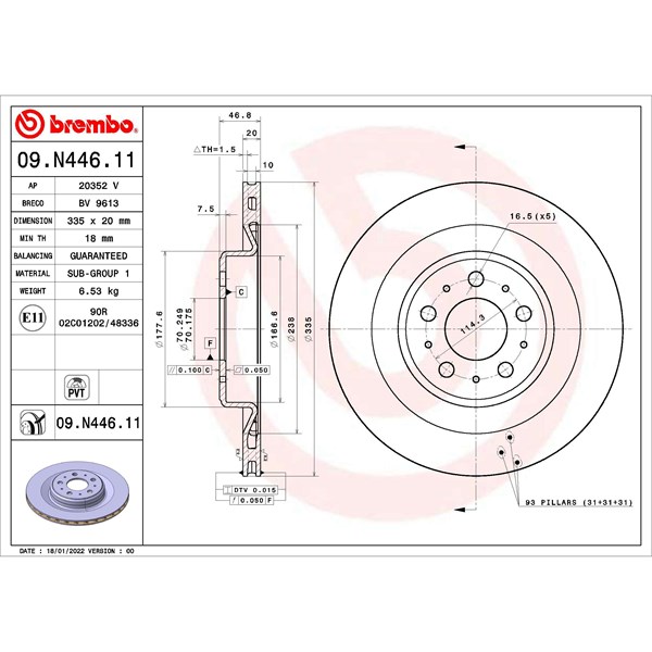Bromsskiva Ventilerad, Bakaxel Brembo 09.N446.11 BREMBO