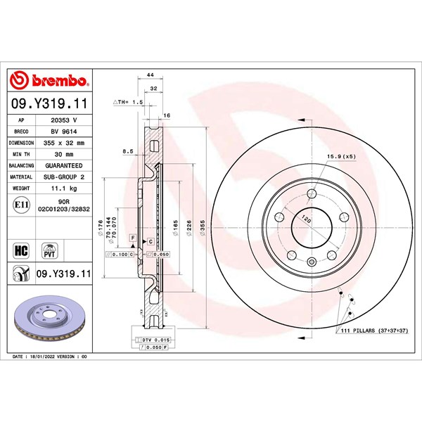 Bromsskiva Ventilerad, Framaxel Brembo 09.Y319.11 BREMBO