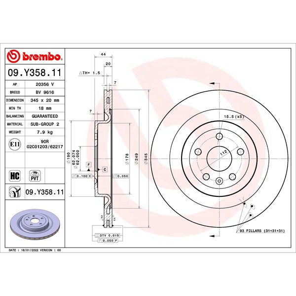 Bromsskiva Ventilerad, Bakaxel Brembo 09.Y358.11 BREMBO