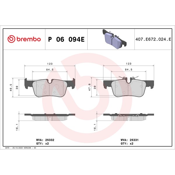 Bromsbeläggsats, Bakaxel Brembo P 06 094E BREMBO