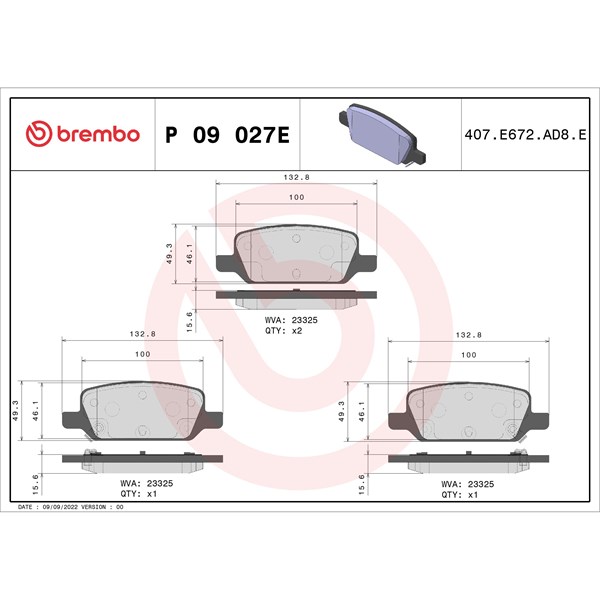 Bromsbeläggsats, Bakaxel Brembo P 09 027E BREMBO