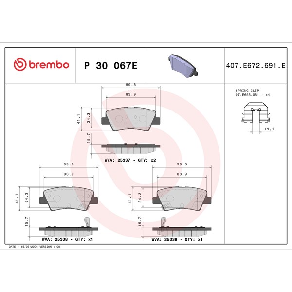 Bromsbeläggsats, Bakaxel Brembo P 30 067E BREMBO