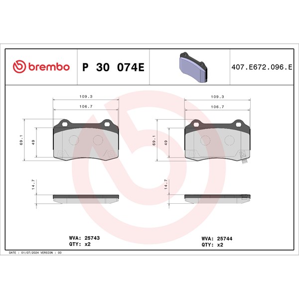 Bromsbeläggsats, Bakaxel Brembo P 30 074E BREMBO