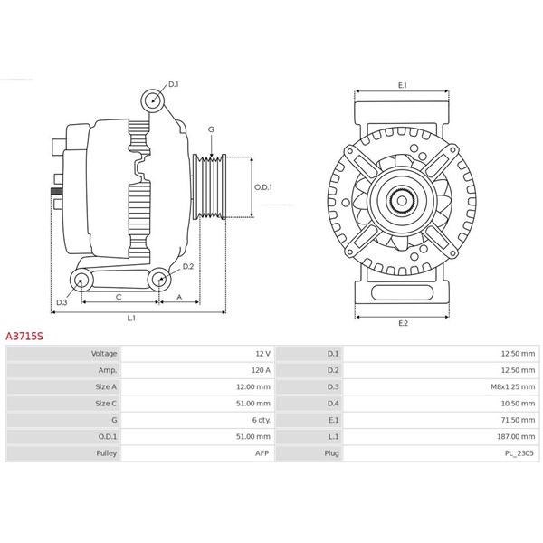 Generator 12V 120A As-pl A3715S AS-PL