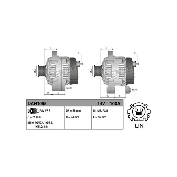 Generator 14V 100A Denso DAN1095 DENSO Generator 14V 100A Denso DAN1095 DENSO