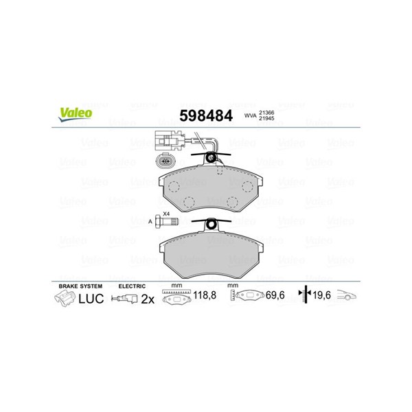 Bromsbeläggsats, Framaxel Valeo 598484 VALEO