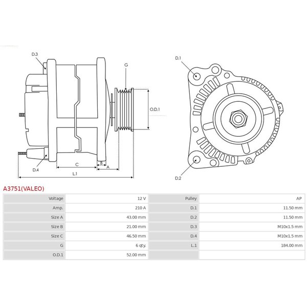 Generator 12V 210A As-pl A3751(VALEO) AS-PL