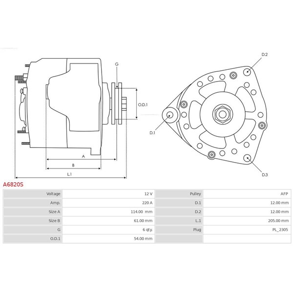 Generator 12V 220A As-pl A6820S AS-PL