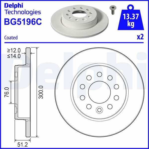 Bromsskiva Solid, Bakaxel Delphi BG5196C DELPHI