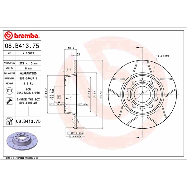 Bromsskiva Solid, Bakaxel Brembo 08.B413.75 BREMBO