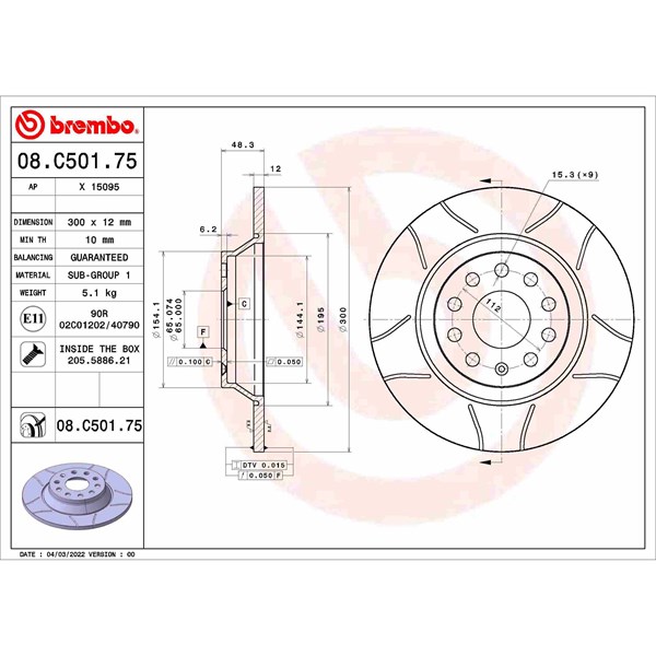 Bromsskiva Solid, Bakaxel Brembo 08.C501.75 BREMBO