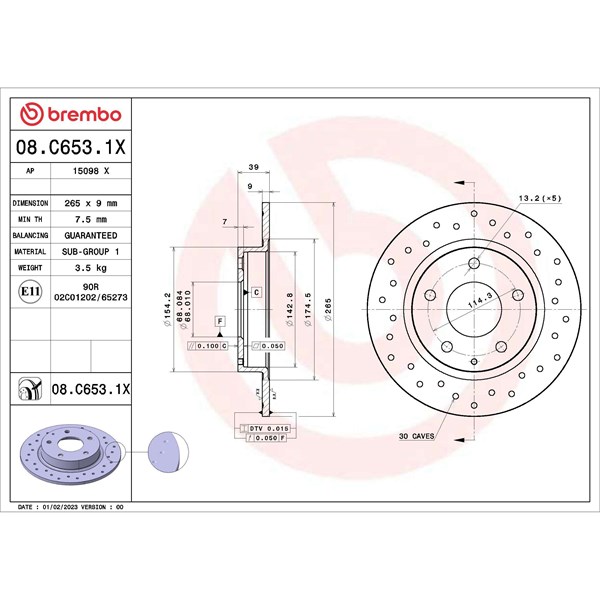 Bromsskiva Solid, Bakaxel Brembo 08.C653.1X BREMBO