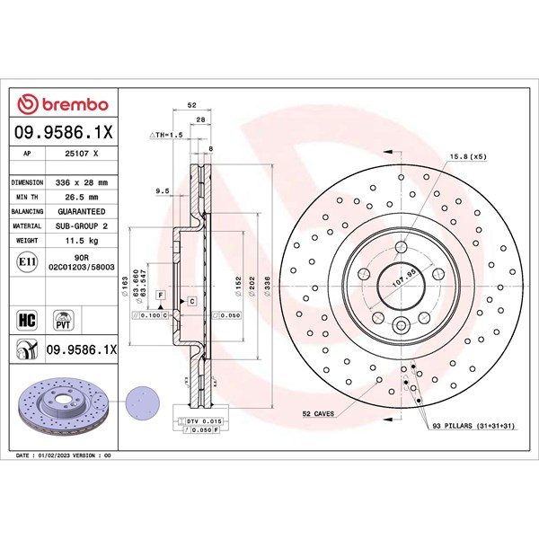 Bromsskiva Hålad/ventilerad, Framaxel Brembo 09.9586.1X BREMBO