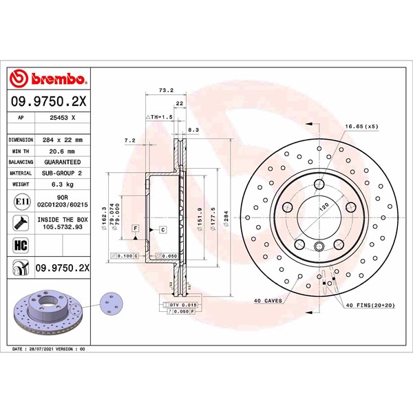 Bromsskiva Hålad/ventilerad, Framaxel Brembo 09.9750.2X BREMBO