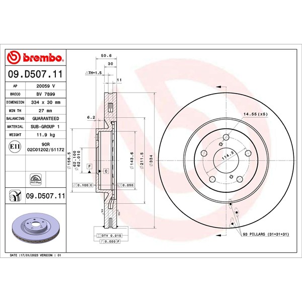 Bromsskiva Ventilerad, Framaxel Brembo 09.D507.11 BREMBO