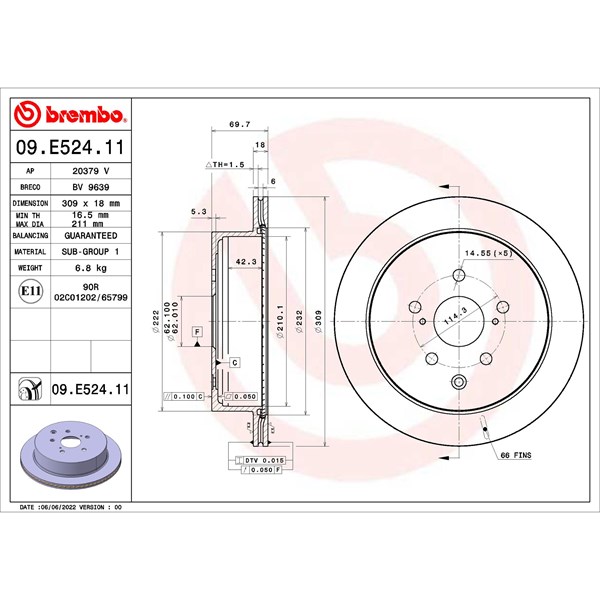 Bromsskiva Ventilerad, Bakaxel Brembo 09.E524.11 BREMBO