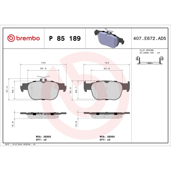 Bromsbeläggsats, Bakaxel Brembo P 85 189 BREMBO