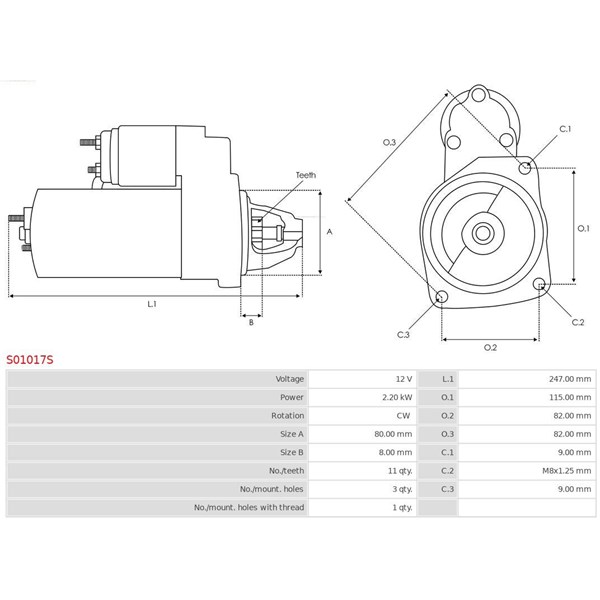 Startmotor 12V As-pl S01017S AS-PL