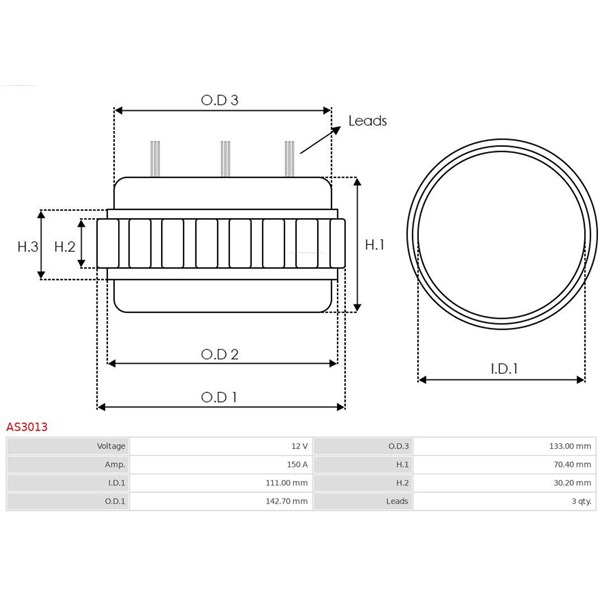 Stator, generator 12V 150A As-pl AS3013 AS-PL Stator, generator 12V 150A As-pl AS3013 AS-PL