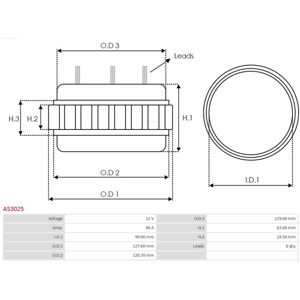 Stator, generator 12V 90A As-pl AS3025 AS-PL