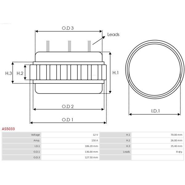 Stator, generator 12V 150A As-pl AS5033 AS-PL Stator, generator 12V 150A As-pl AS5033 AS-PL