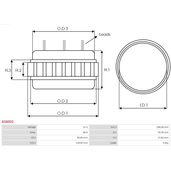 Stator, generator 12V 80A As-pl AS6002 AS-PL