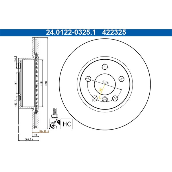 Bromsskiva Ventilerad, Framaxel Ate 24.0122-0325.1 ATE
