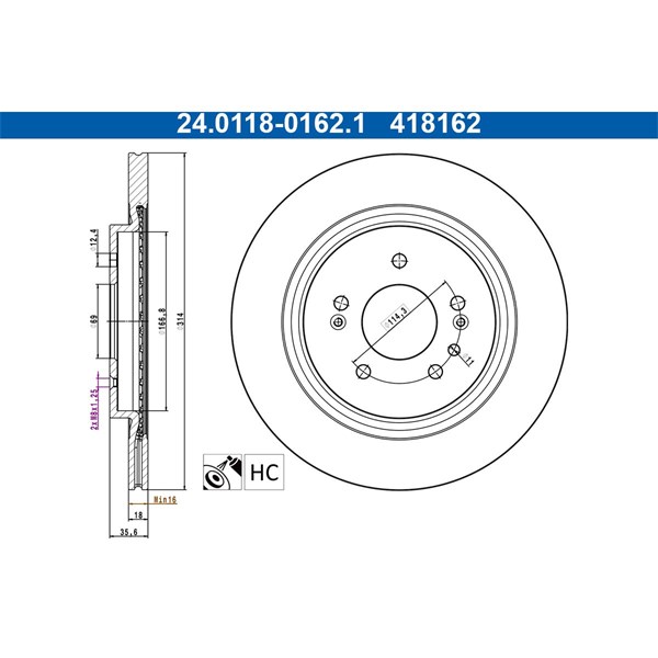 Bromsskiva Ventilerad, Bakaxel Ate 24.0118-0162.1 ATE