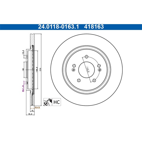 Bromsskiva Ventilerad, Bakaxel Ate 24.0118-0163.1 ATE Bromsskiva Ventilerad, Bakaxel Ate 24.0118-0163.1 ATE