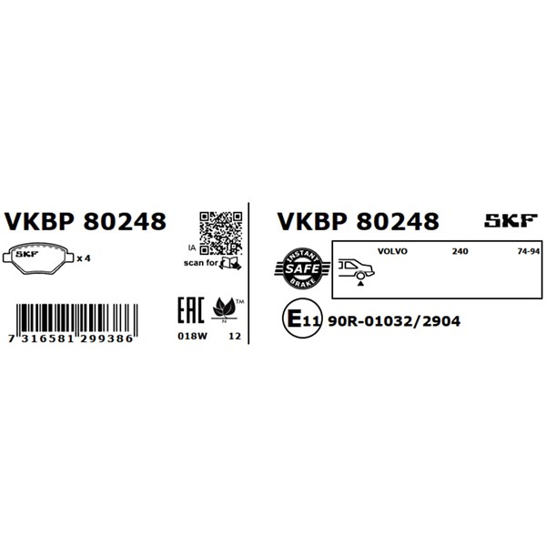 Bromsbeläggsats, Bakaxel, Framaxel Skf VKBP 80248 SKF Bromsbeläggsats, Bakaxel, Framaxel Skf VKBP 80248 SKF
